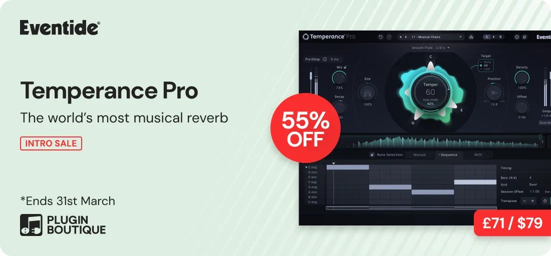 【Eventide Temperance Pro Intro Sale】
세일 기간: 3월 31일까지
할인율: 55% 할인
🌌 Temperance Pro: 음악 이론으로 "공간"을 제어합니다.
Temperance Pro는 12음 크로매틱 스케일을 기반으로 작동하며, 공간 내에서 어떤 음을 강조하고 어떤 음을 페이드할지 음악적으로 판단합니다. 하모니와