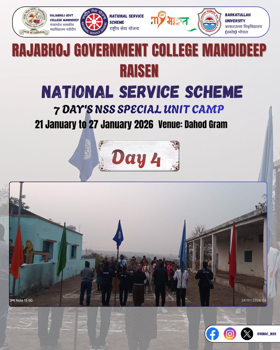 RBGC_NSS's tweet photo. चतुर्थ दिवस की थीम – “मतदाता जागरूकता”
@RBGC_NSS (जिला रायसेन) की राष्ट्रीय सेवा योजना इकाई द्वारा दिनांक 21/01/2026 से 27/01/2026 तक आयोजित #सात_दिवसीय_विशेष_शिविर के द्वितीय दिवस की गतिविधियां।  
#unitcamp #nss #bunss
#sevanss #MPNSS
#NSSSeva 
#YouthPower 
#RashtraKeLiye https://t.co/1cOLfUh45a