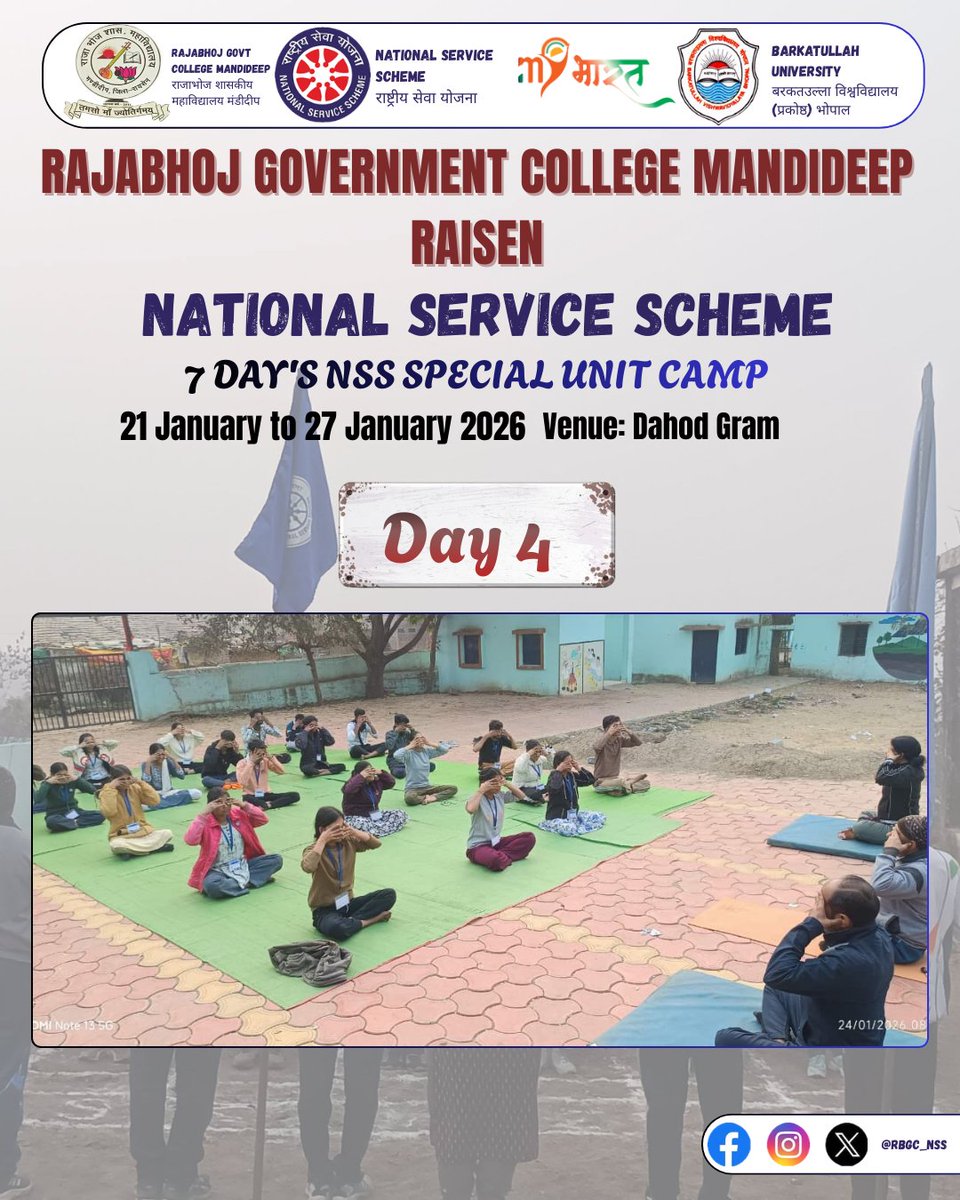 RBGC_NSS's tweet photo. चतुर्थ दिवस की थीम – “मतदाता जागरूकता”
@RBGC_NSS (जिला रायसेन) की राष्ट्रीय सेवा योजना इकाई द्वारा दिनांक 21/01/2026 से 27/01/2026 तक आयोजित #सात_दिवसीय_विशेष_शिविर के द्वितीय दिवस की गतिविधियां।  
#unitcamp #nss #bunss
#sevanss #MPNSS
#NSSSeva 
#YouthPower 
#RashtraKeLiye https://t.co/1cOLfUh45a
