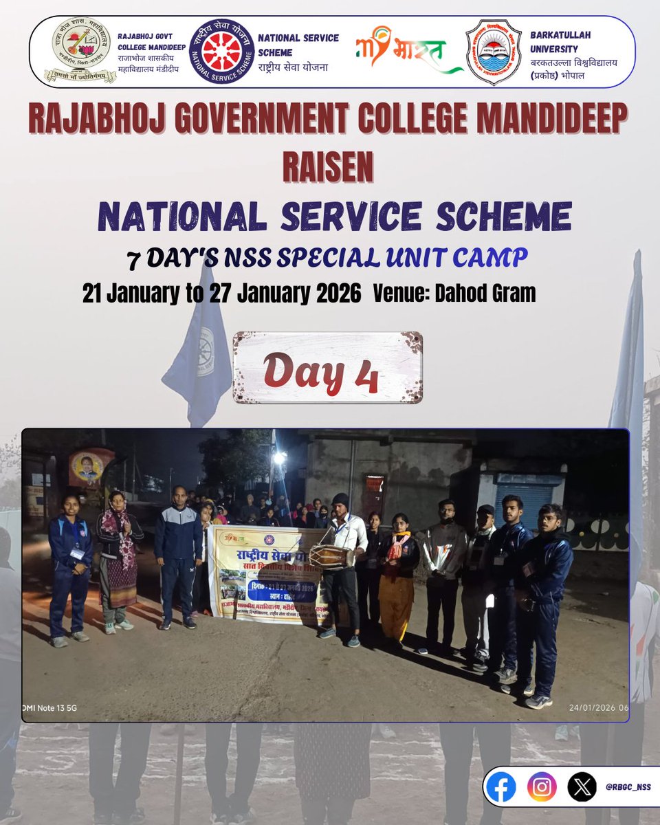 RBGC_NSS's tweet photo. चतुर्थ दिवस की थीम – “मतदाता जागरूकता”
@RBGC_NSS (जिला रायसेन) की राष्ट्रीय सेवा योजना इकाई द्वारा दिनांक 21/01/2026 से 27/01/2026 तक आयोजित #सात_दिवसीय_विशेष_शिविर के द्वितीय दिवस की गतिविधियां।  
#unitcamp #nss #bunss
#sevanss #MPNSS
#NSSSeva 
#YouthPower 
#RashtraKeLiye https://t.co/1cOLfUh45a