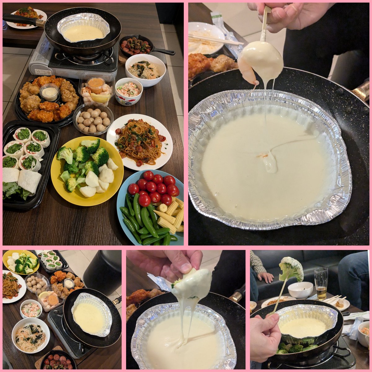 昨日のチーズフォンデュ🫕会
美味しく楽しく終わりました🤗
私ははじめての手作ﾁｰｽﾞﾌｫﾝﾃﾞｭ🫕でした。
ネットの中にはレシピがいっぱい🩷
ワインとチーズを溶かしてまぜあわせる、
それだけだけど、ワインの量で味かわりますねー
途中牛乳もいれたよ🤗
牛乳はいるとまろやかで美味しかった👍