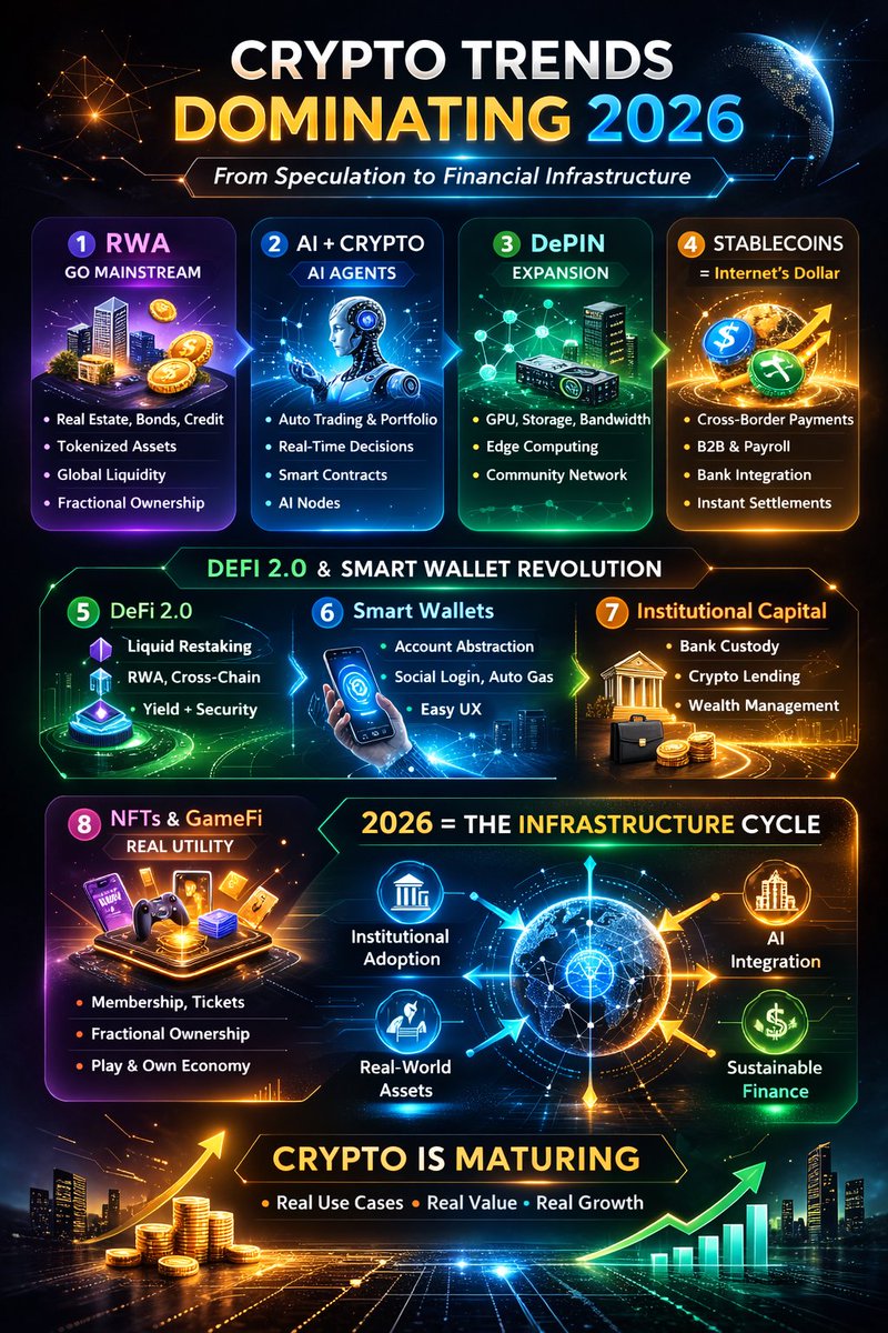 vincentqilin's tweet photo. 🚀💰 8 XU HƯỚNG CRYPTO SẼ DẪN DẮT 2026
2026 không còn là câu chuyện đầu cơ ngắn hạn.
Đây là giai đoạn crypto trở thành hạ tầng tài chính thực thụ.

1️⃣ RWA đi vào dòng chảy chính
2️⃣ AI Agents tự giao dịch
3️⃣ DePIN bùng nổ
4️⃣ Stablecoin = Internet’s Dollar
5️⃣ DeFi 2.0 – Bền vững hơn
6️⃣ Smart Wallet & UX đại chúng
7️⃣ Dòng tiền tổ chức thống trị
8️⃣ NFT & GameFi thực dụng

📌📌📌 2026 = năm của:
✔ Hạ tầng
✔ Tổ chức
✔ Ứng dụng thực tế
✔ AI + Tài chính
✅Crypto đang trưởng thành.
#CRYPTOTREDING2026  #RWA #AI #Altcoins