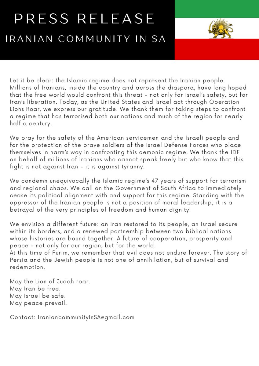 Read this.

Iranians in South Africa are publicly thanking the US and Israel for taking on the regime in Tehran.

Not because they hate Iran.
Because they love it.