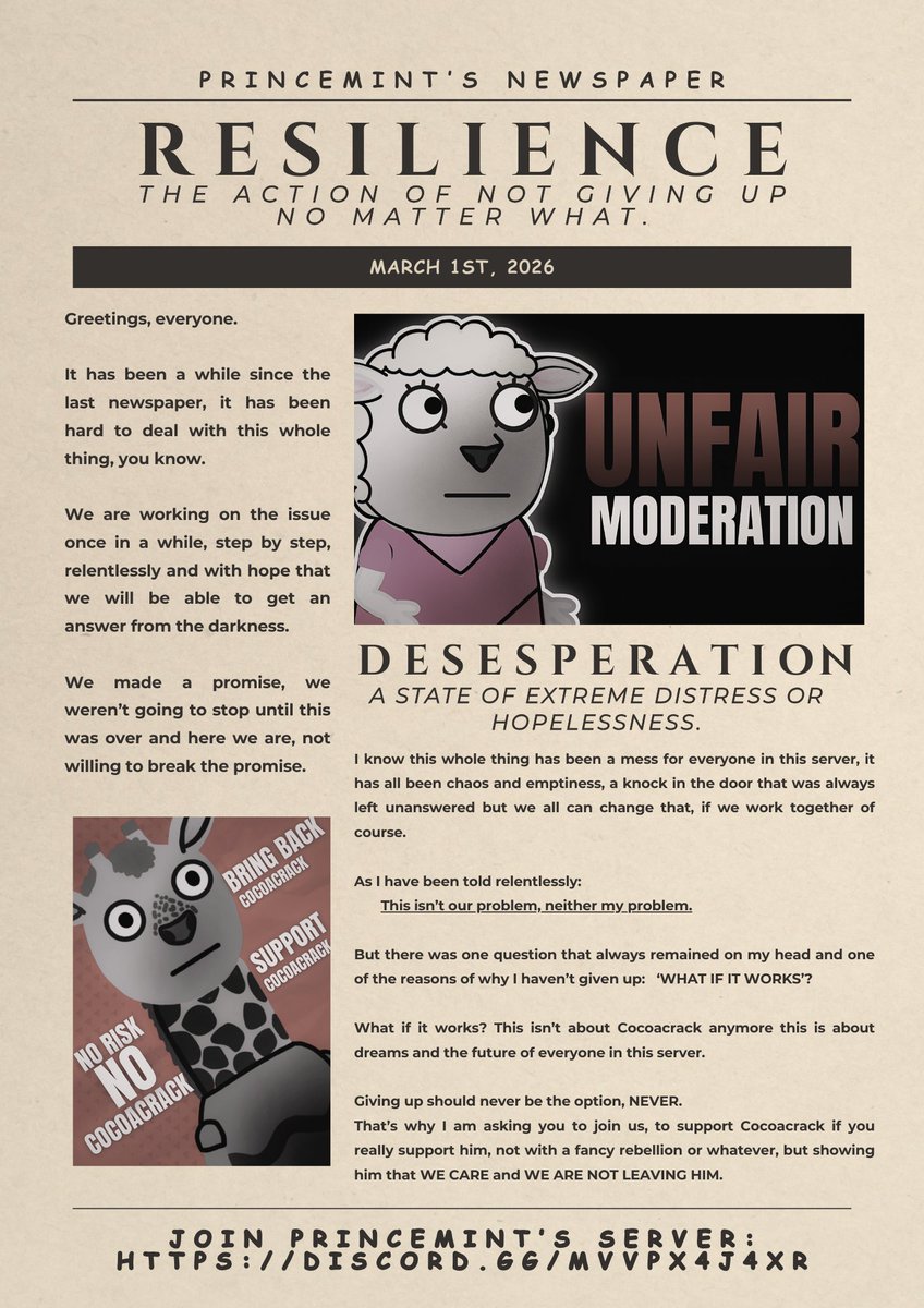 Real_PrinceMint's tweet photo. PrinceMint’s NEWSPAPER #2 — This one has been made with love and passion, it doesn’t have a lot of answers but I would be very thanked if you took your time to read this masterpiece. 

#JusticeForCocoacrack #BringBackCocoacrack 

"Drink lots of water!" - Cocoacrack. https://t.co/tHuVOzEEFQ