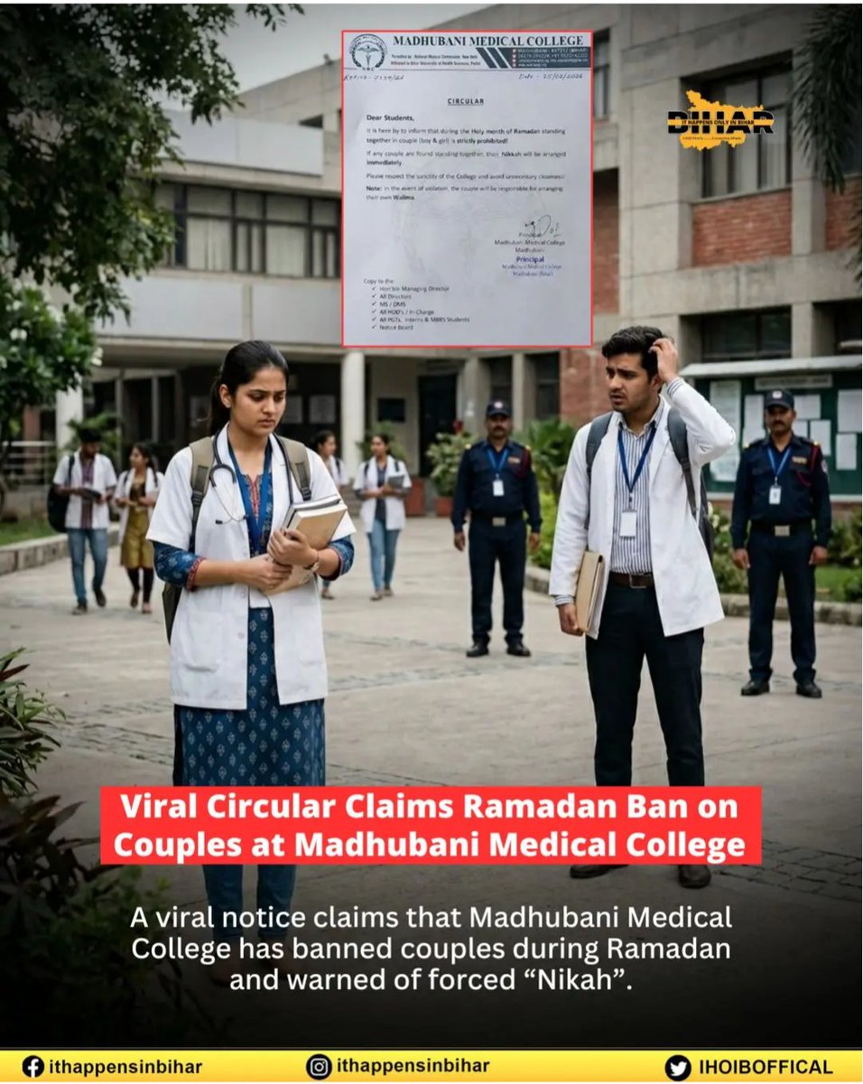 Madhubani Medical College’s shocking order:
“If male and female students are seen together during Ramzan, they will be married off!”

Such absurd and unconstitutional diktats have no place in an academic campus. Strict action must be taken against those responsible!

PC: