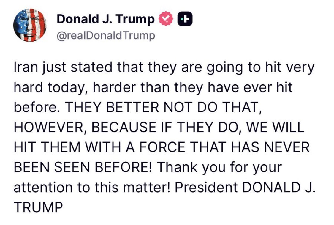 ReporteYa's tweet photo. #29Feb #EEUU #Iran
Trump lanza fuerte advertencia a Irán:
“Irán acaba de declarar que va a golpear muy fuerte hoy, más fuerte que nunca antes. Más les conviene no hacerlo, porque si lo hacen, los golpearemos con una fuerza nunca antes vista”, escribió el mandatario. https://t.co/MqiASMXJVs