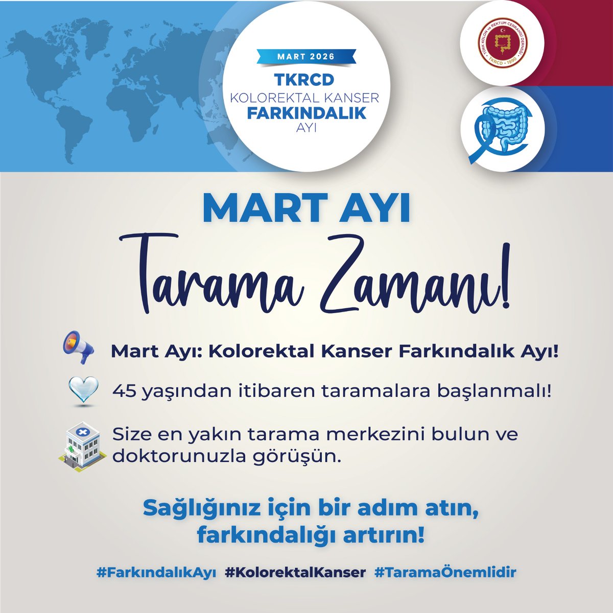 TKRCD_'s tweet photo. Farkındalık Ayı: Tarama Zamanı!
📢 Mart Ayı: Kolorektal Kanser Farkındalık Ayı!
💙 45 yaşından itibaren taramalara başlanmalı!
🏥 Size en yakın tarama merkezini bulun ve doktorunuzla görüşün.
Sağlığınız için bir adım atın, farkındalığı artırın!
#FarkındalıkAyı #KolorektalKanser #TaramaÖnemlidir
