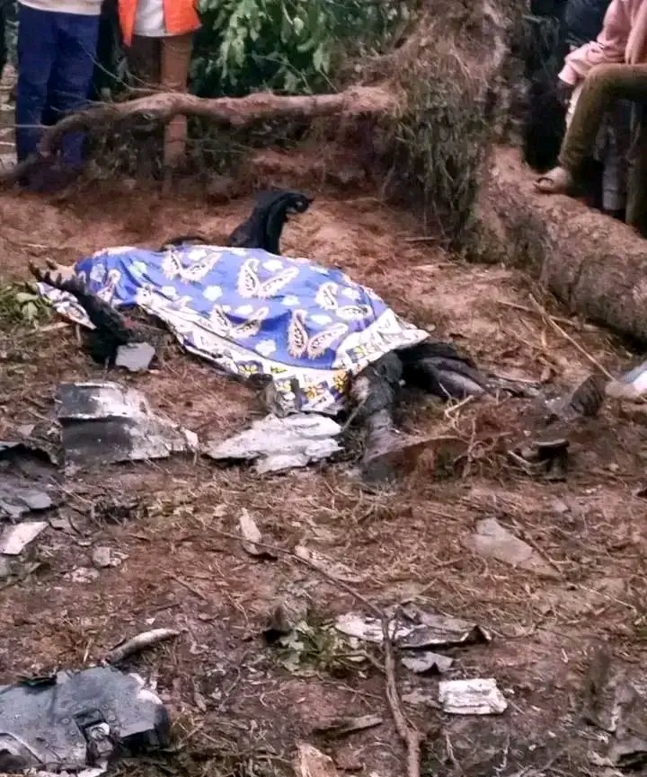 This is MP Johanna Ngeno’s body at the crash site in Chepkieb, Nandi County. It looks like he tried very hard to stay alive after he was thrown out of the helicopter. 
His hand seems to be raised, like he was trying to protect himself, as pieces of the broken helicopter fell