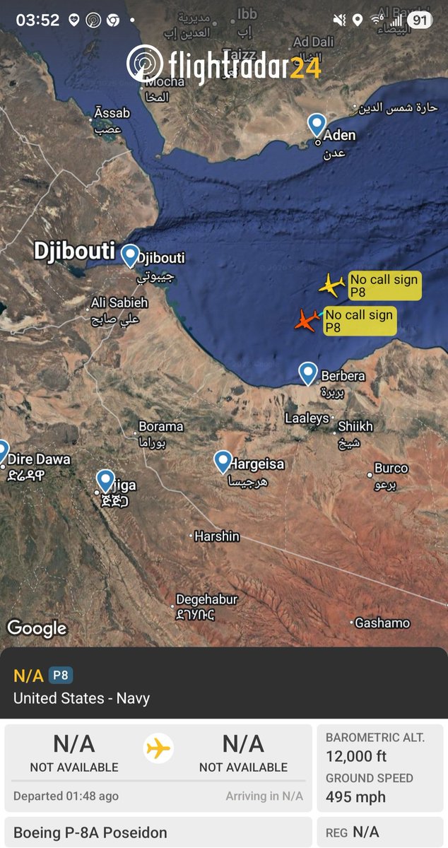 Borrowed7Time's tweet photo. US Navy P-8A Poseidon x2 (#AE684B &amp; #AE67BA) tracking W  toward Djibouti over the Gulf of Aden.
@sipjack1776 @Dinlas3 @LadyAstroJet https://t.co/7C7mVXGKE4