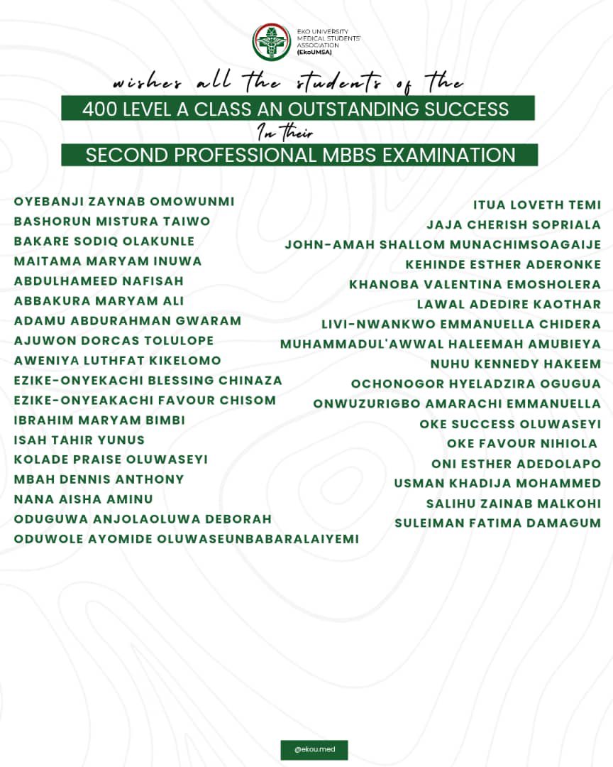 Ekomed24's tweet photo. EKOUMSA proudly wishes our 400 Level A Class outstanding success in their Second Professional MBBS Examination 🩺
Your resilience, discipline, and dedication will surely pay off.
Go and excel, future doctors we believe in you! 💚
#EKOUMSA #MBBS #SecondProfessional #400LevelA https://t.co/5QwB3LJh4H