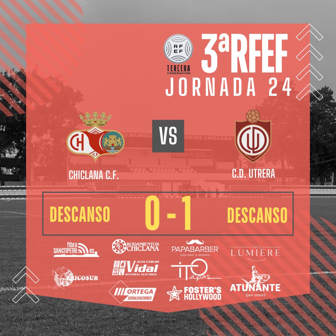 Chiclana_CF's tweet photo. ⚽️ #ChiclanaCF 🆚 #CDUtrera
🏆 #3aRFEF - J24
0️⃣-1️⃣ Descanso. Hemos ido a menos durante la primera mitad. Hay que ajustar cosas. Pero tenemos toda la segunda parte. ¡Vamos!
#ChiclanaCF #ChiclanaUtrera #LosSueñosSeViven https://t.co/UjqUlL11Sx