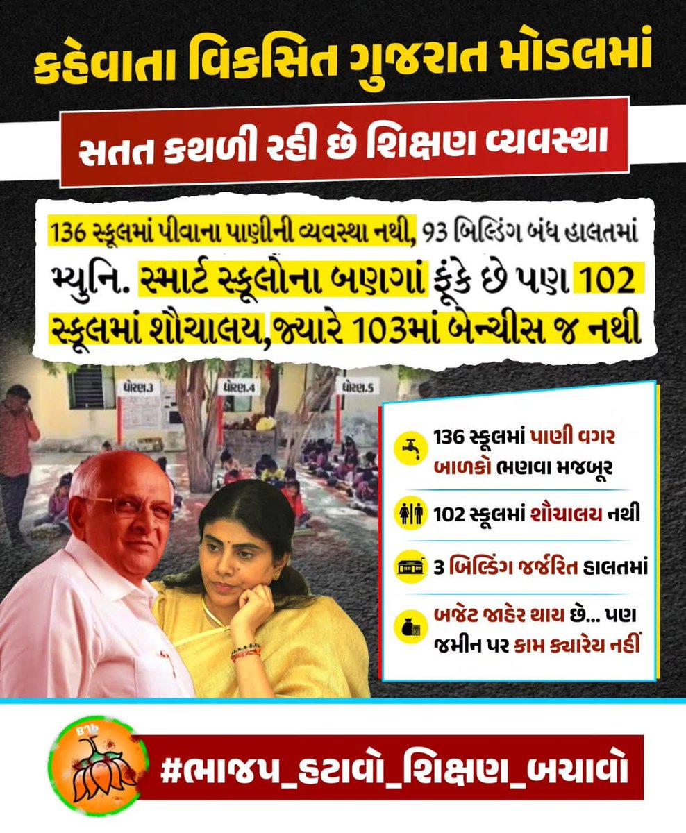 કહેવાતા વિકસિત ગુજરાત મોડલમાં શિક્ષણ વ્યવસ્થા કેમ સતત કથળી રહી છે?

#ભાજપ_હટાવો_શિક્ષણ_બચાવો