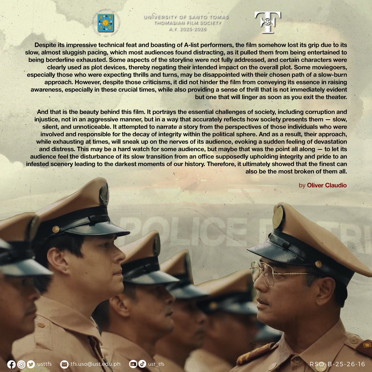 USTTFS's tweet photo. #TFSReviews presents: Manila’s Finest (2025)

With its and hard-hitting narrative, the film interrogates what it truly means to serve a city that never forgets. Bold in tone and relentless in pace, it challenges its audience to confront uncomfortable truths.

#MMFF2025
#TFS12 https://t.co/L6Crwo2jtz