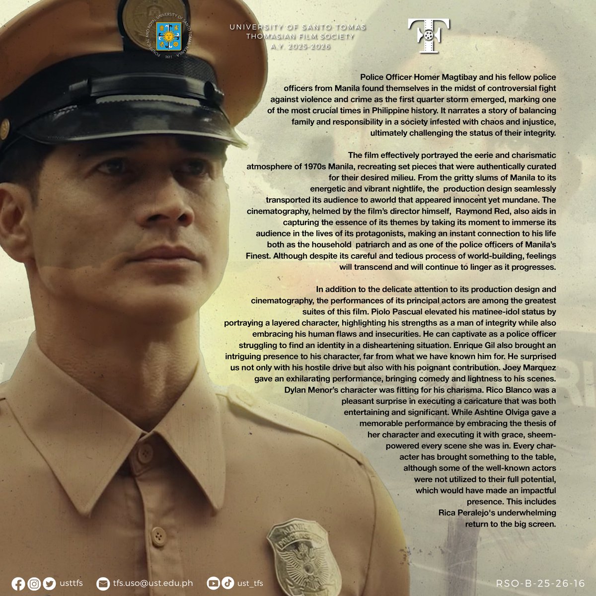 USTTFS's tweet photo. #TFSReviews presents: Manila’s Finest (2025)

With its and hard-hitting narrative, the film interrogates what it truly means to serve a city that never forgets. Bold in tone and relentless in pace, it challenges its audience to confront uncomfortable truths.

#MMFF2025
#TFS12 https://t.co/L6Crwo2jtz