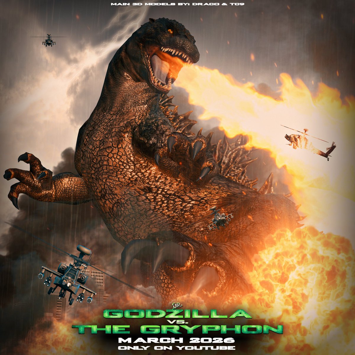 StuResurgence's tweet photo. NEW PROJECT ANNOUNCEMENT: Godzilla vs. the Gryphon | 3D Animation will be released on YouTube March 2026! Loosely based on the infamous 1994 Godzilla movie draft.

#godzilla #gryphon #thegryphon #godzilla1998 #godzilla1994 #3danimation #youtubeanimation #ゴジラ https://t.co/3LcR77aYGR