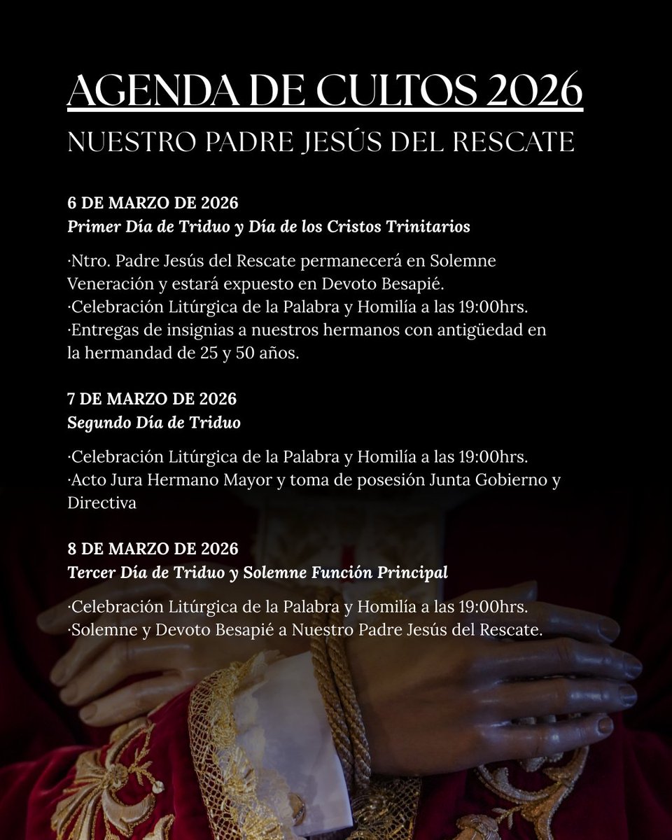 ✝️ | 𝐓𝐑𝐈𝐃𝐔𝐎 𝐍𝐔𝐄𝐒𝐓𝐑𝐎 𝐏𝐀𝐃𝐑𝐄 𝐉𝐄𝐒𝐔́𝐒 𝐃𝐄𝐋 𝐑𝐄𝐒𝐂𝐀𝐓𝐄 | 🔴🔵

Nuestra Hermandad se dispone a celebrar el Solemne Triduo en honor a Ntro. Padre Jesús del Rescate

🗓️ Conoce toda la planificación en la agenda de cultos 📣

#RescateLinares #RescateyDolores