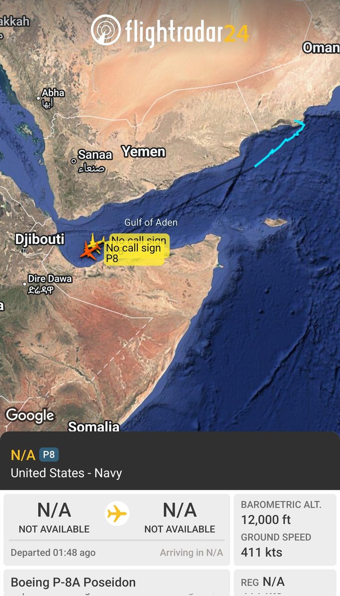 sipjack1776's tweet photo. P-8A 🇺🇲 2x
Tracking over the Gulf of Aden 
#AE684B
#AE67BA
@Borrowed7Time @N214WN @stunorth69 https://t.co/bdj93P3CkD