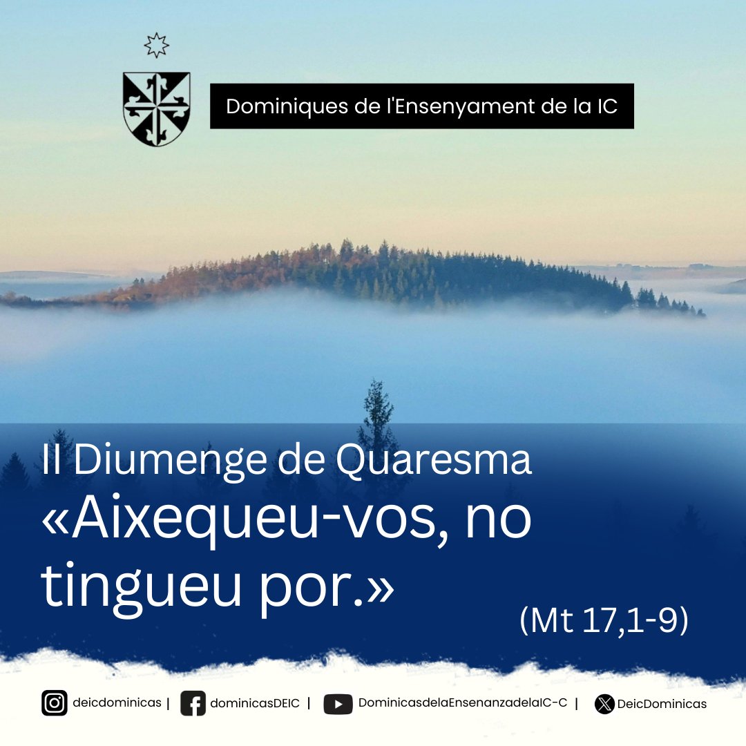 ✔️ #EvangeliDelDiumenge (Mt 17,1-9)
«Aixequeu-vos. No tingueu por.»
💜🤍 La Quaresma és deixar que Crist ens aixequi i ens transformi. 🔥✨
#dominiquesdelensenyament #comunitatsdeic #parauladelsenyor #latransfiguraciódelsenyor