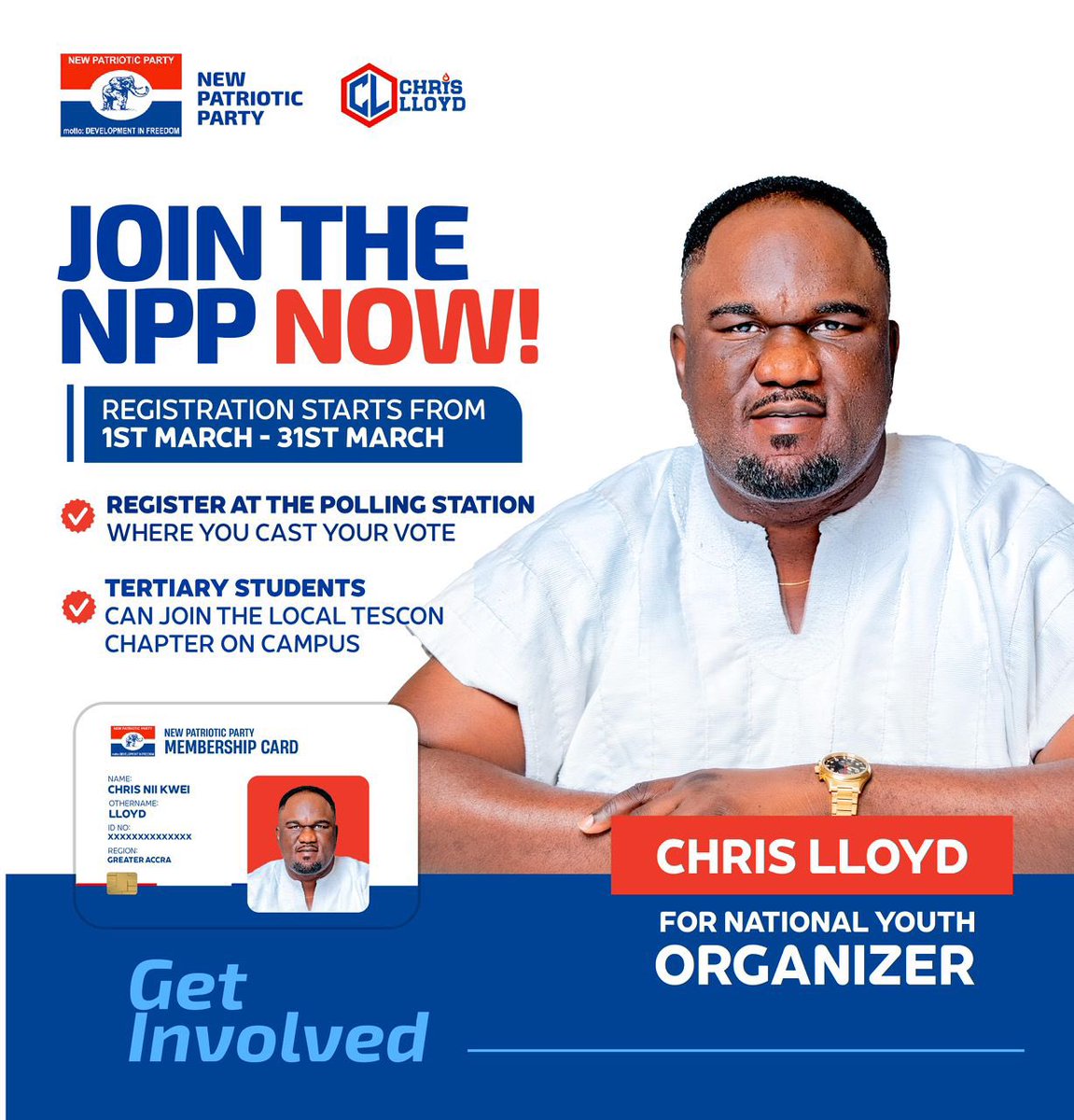 Chrislloyd2026's tweet photo. HAPPY NEW MONTH! 🔥🇬🇭

Registration starts TODAY!

Join the NPP and sign up at your preferred polling station , connect with your local TESCON chapter on campus and get involved.

#JoinTheNPP
#CHRIS4NYO
#GetInvolved
#BoldSolutions https://t.co/ZKDoYuzORZ