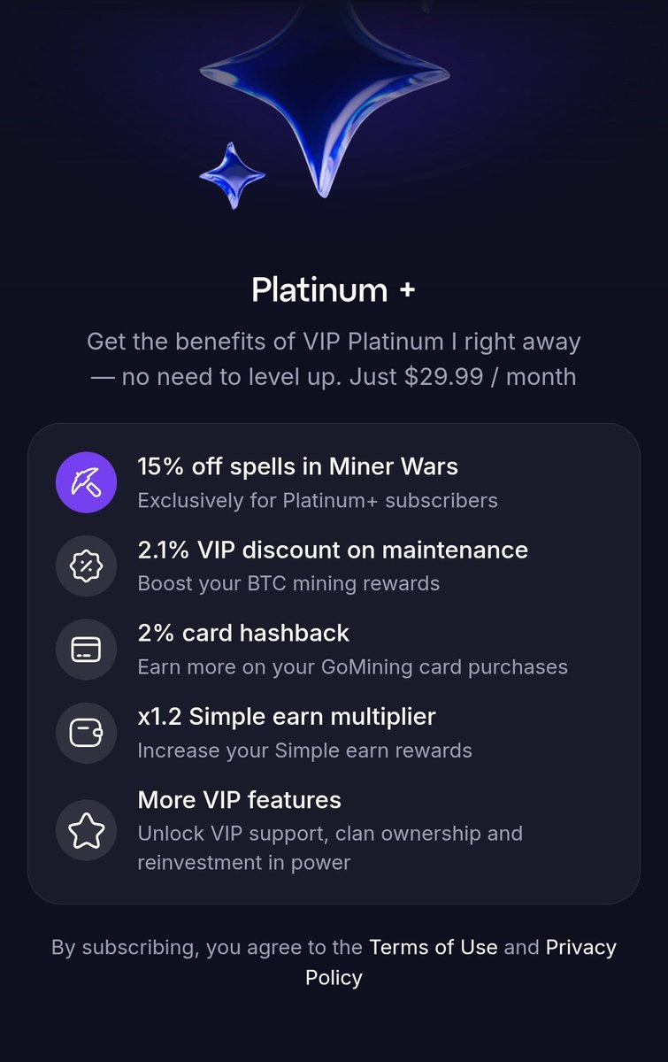 MattyGmt's tweet photo. GM Fam ☀️⛏️

GoMining dropped the**GoMining Platinum+** subscription!

For only $29.99/month you instantly unlock Platinum I benefits plus exclusive perks:

• 15% off spells in Miner Wars (Platinum+ exclusive)
• 2.1% VIP discount on maintenance
• 2% cashback on the GoMining card
• x1.2 Simple Earn multiplier
• More VIP features (priority support, clan ownership & power reinvestment)

Who else has Platinum+ or is thinking about it? Worth the upgrade for you?
I don't know if it's worth it for my situation, first I'd like to know some of your thoughts and then make a decision

Drop your thoughts below ⬇️

#GoMining @GoMining