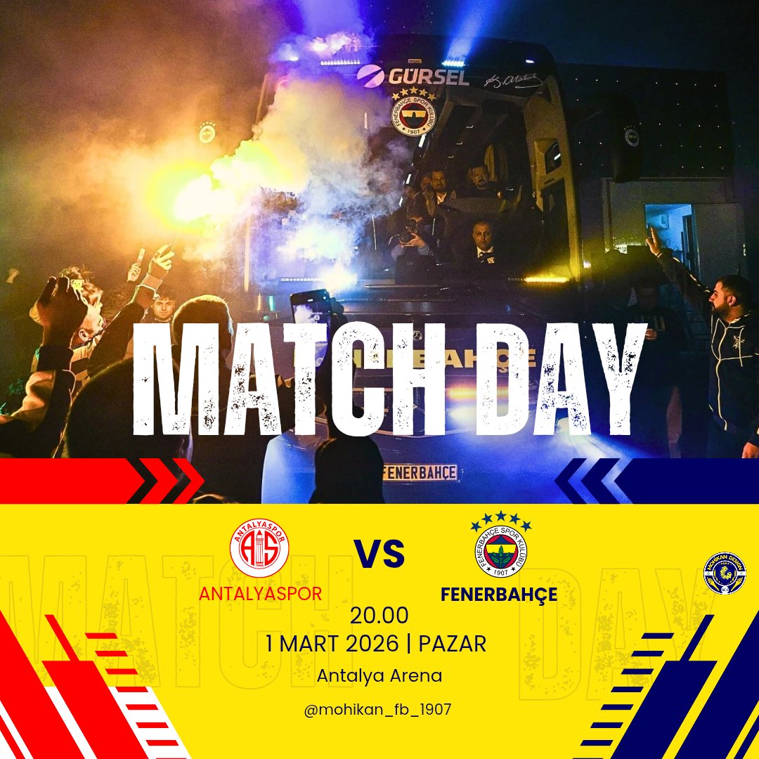 🏆 Trendyol Süper Lig
⚔️ H. Antalyaspor 🆚 Fenerbahçe 
🗓️ 1 Mart Pazar
🕗 20.00 
📍 Corendon Airlines Park

📲 #ANTvFB | #fenerbahçe 💛💙