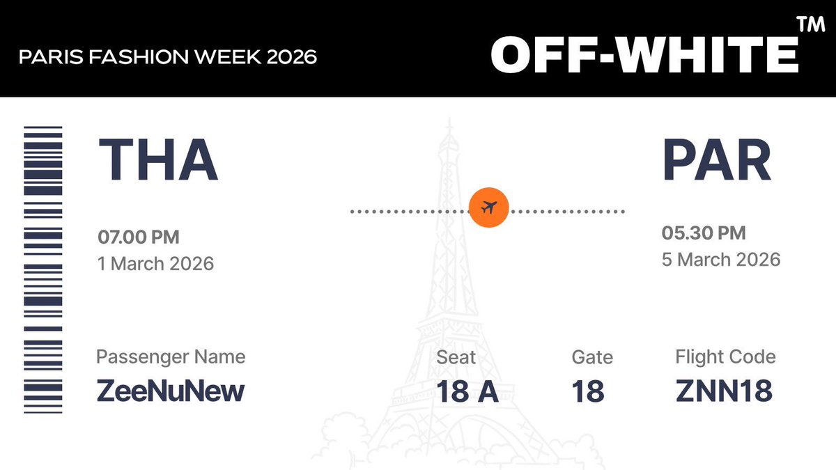 𝐁𝐨𝐚𝐫𝐝𝐢𝐧𝐠 𝐭𝐨 𝐏𝐚𝐫𝐢𝐬  𝐰𝐢𝐭𝐡 𝐙𝐞𝐞𝐍𝐮𝐍𝐞𝐰 𝐱 𝐎𝐟𝐟𝐖𝐡𝐢𝐭𝐞 ✈️💕

Paris Fashion Week 2026 mode : ON 🟢

ZEENUNEW GO TO PARIS FW
#ZEENUNEWWITHOFFWHITE
#OFFWHITEFW26
#PFW2026

<a href="/OffWht/">Off-White™</a> #OffWhite
<a href="/zee_pruk/">Z</a> #ZeePruk
<a href="/CwrNew/">NuNew</a> #NuNew