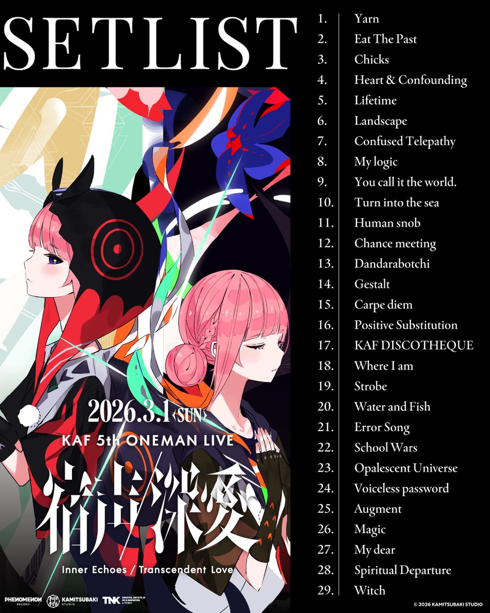 KAMITSUBAKI WARS 2026

KAMITSUBAKI Yokohama Showdown at Pia Arena MM
DAY-2: KAF 5th ONE-MAN LIVE “Inter Echoes / Transcendent Love”

Thank you to everyone who joined us in person and online.

A Spotify playlist featuring released songs from today’s performance is now available 🎧