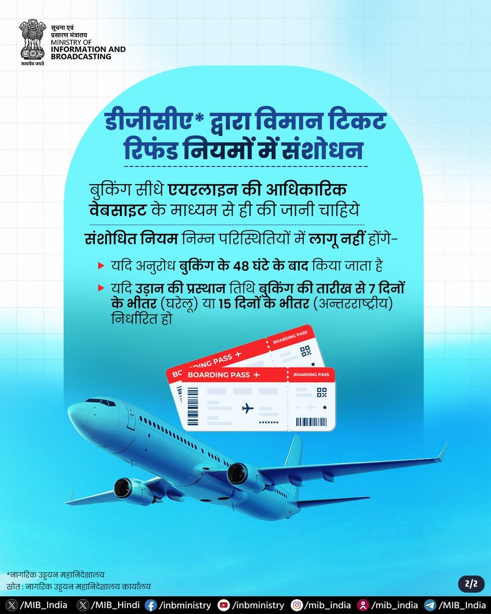 AIRNewsHindi's tweet image. हवाई यात्रियों को राहत देते हुए सरकार ने 26 मार्च 2026 से टिकट बुकिंग के 48 घंटे के भीतर निःशुल्क रद्दीकरण या संशोधन की सुविधा प्रदान की है

यह विकल्प उन घरेलू और अंतरराष्ट्रीय उड़ानों पर लागू होगा, जिनके प्रस्थान में क्रमशः 7 और 15 दिन से अधिक का समय शेष हो

#DGCA @DGCAIndia