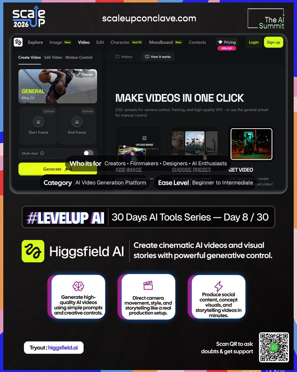 scaleupvillage's tweet photo. 🎬 #LevelUpAI Day 8/30

Meet Higgsfield AI — turn prompts into cinematic videos with real camera control.

Idea → Frame → Story.
All in minutes.

Learn, build &amp; ask doubts:
https://t.co/lKxLTloqU7

#AI #VideoAI #ScaleUp2026 https://t.co/dZWIw8wI2u