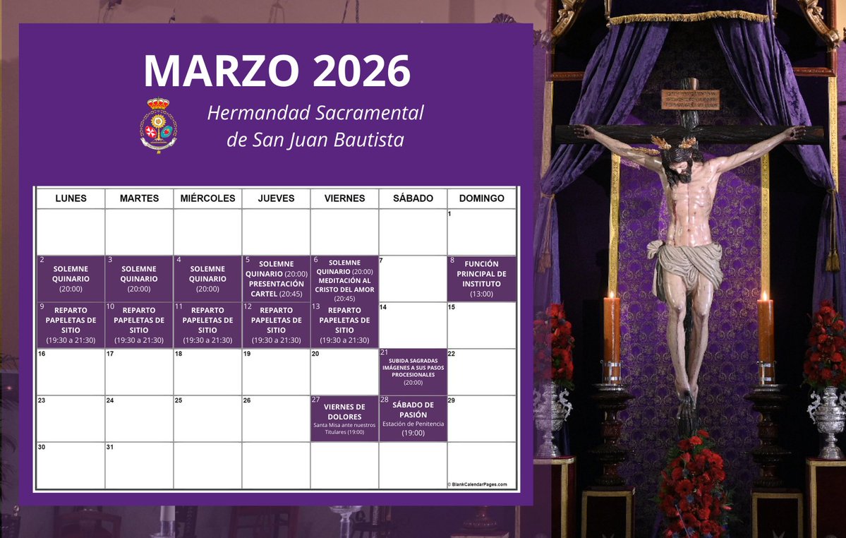 Comienza el mes de marzo, y compartimos nuestra agenda de actos y cultos programados para este final de la Cuaresma.

Un mes de marzo marcado principalmente por la celebración del Solemne Quinario al Santísimo Cristo del Amor y el reparto de papeletas de sitio.
