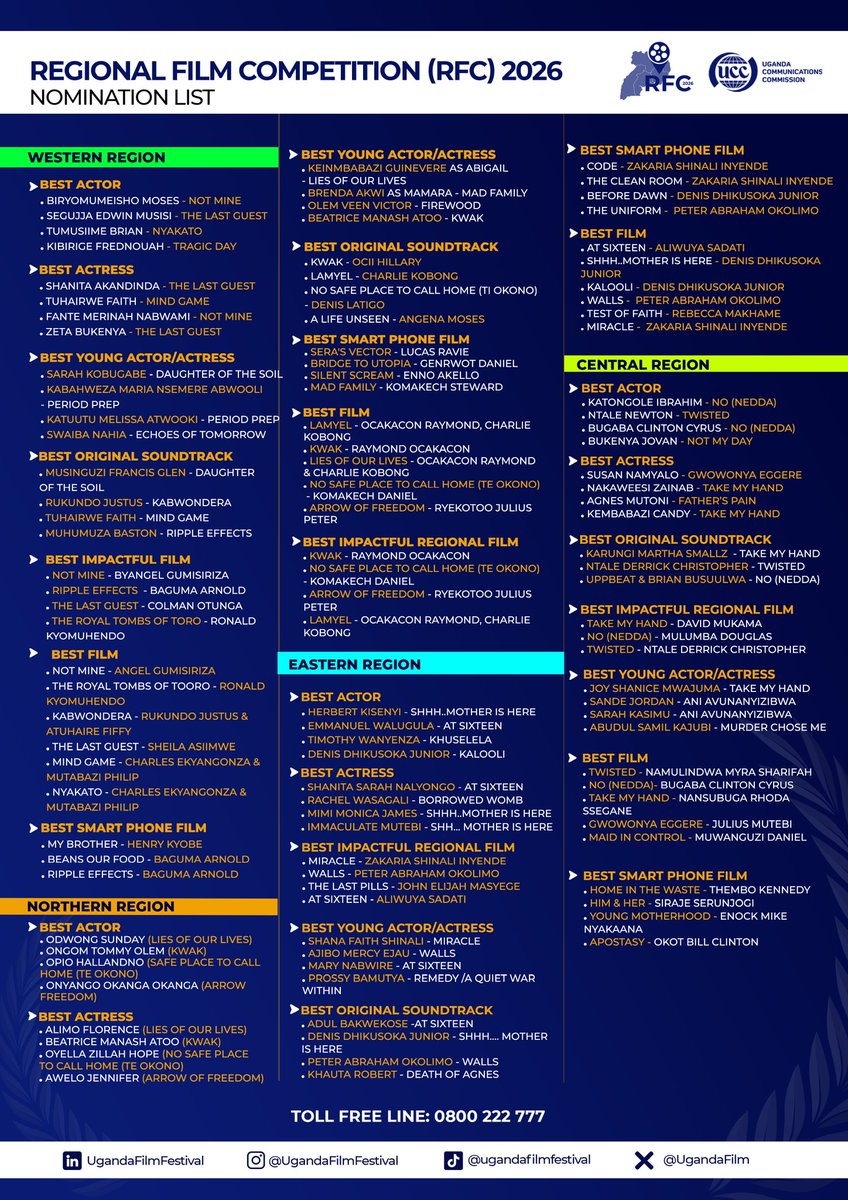 gtstvent's tweet photo. We are thrilled to announce that we have been nominated in 6/7 categories under Eastern region in the ongoing Regional Film Competitions.

Thank you for believing in us and we hope for the best 🙏 
#RFC2026 
#CreativeIndustry
@UgandaFilm
@ConsumerUCC 
@UCC_ED https://t.co/mLbKbXz4qd