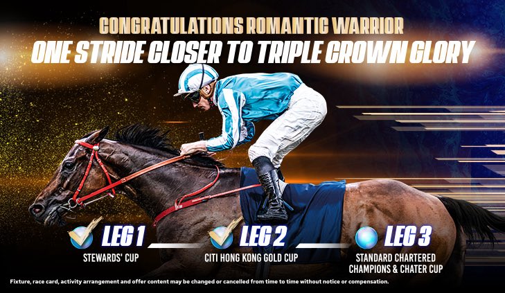 HKJC_Racing's tweet image. Romantic Warrior is one win away from #TripleCrown glory! 👑

✅ Stewards’ Cup (1600m)
✅ Hong Kong Gold Cup (2000m)
❓ Champions &amp;amp; Chater Cup (2400m)

@mcacajamez | #LoveRacing | #HKracing