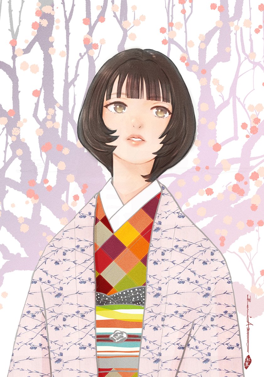 梅花とモダンキモノの女性 #着物 #イラスト