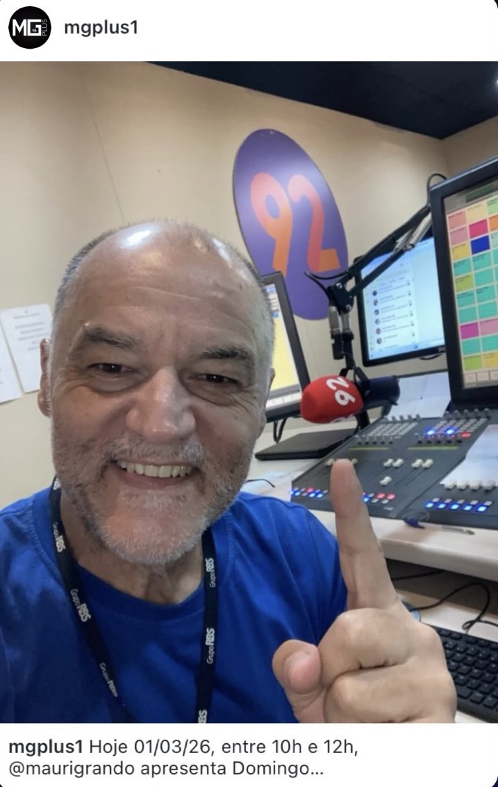 Hoje 01/03/26, entre 10h e 12h,  apresento Domingo
Premiado 92.

Ouça o programa em 92.1 FM ou pelo
APP92.

Pra participar e concorrer é pelo
WhatsApp 51 998049292.

92 Rádio
Grupo RBS