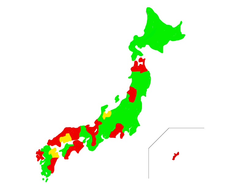🟩:現在定点観測者がいる県
🟨:新しい観測者さんのいる県
🟥:現在観測者がいない(と思われる)県

中国地方(特に山陰)に観測者さんが増えて欲しいですね