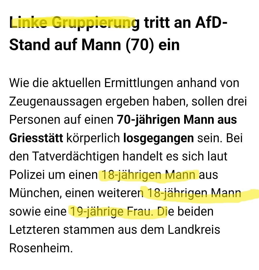 Drei 18- bzw 19-jährige aus dem linken Spektrum schlagen 70-jährigen AfD-Politiker in Rosenheim zusammen.

Wie feige kann man sein?!

Die Antifa ist eine kriminelle Vereinigung!
Antifa Verbot sofort!