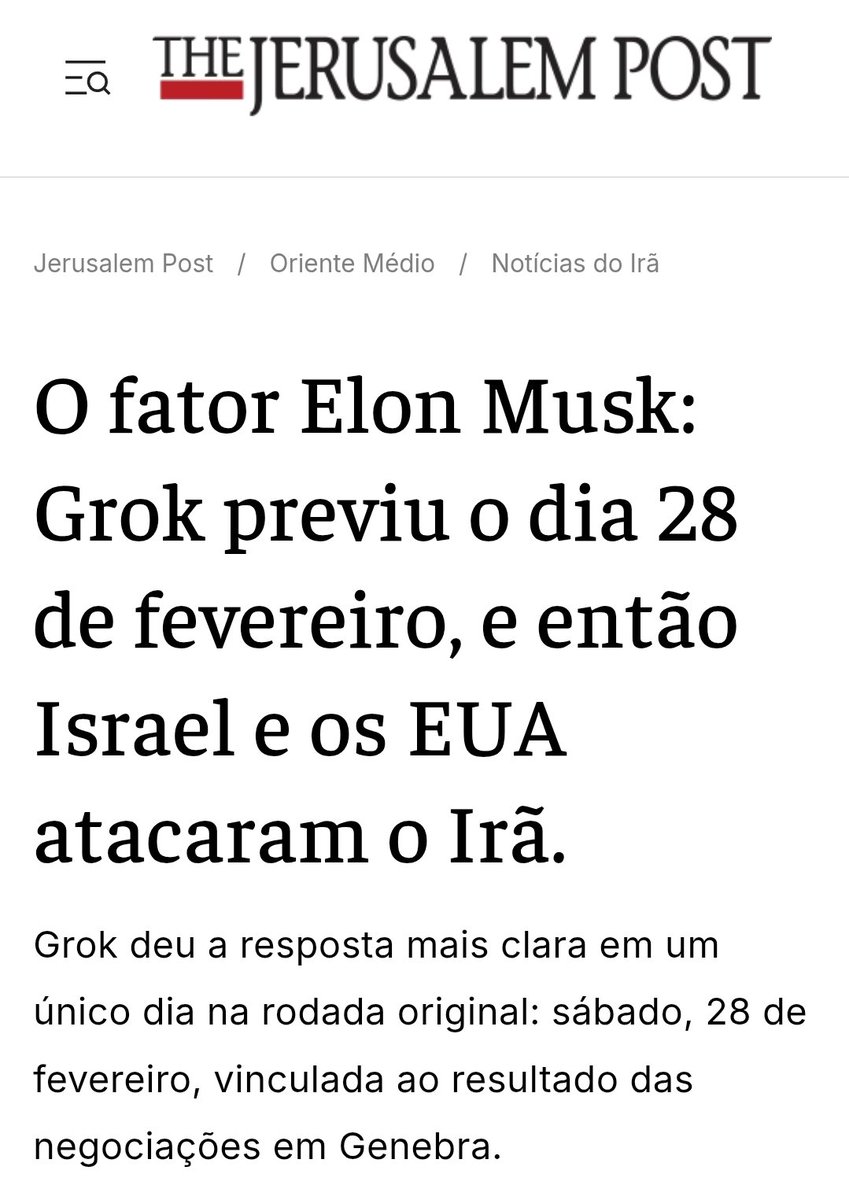 Olha que interessante...

OGrok previu que o ataque americano e israelense ao Irã seria no dia 28 de fevereiro.

E não foi um mero palpite. Ele analisou sinais geopolíticos, os resultados das negociações de Genebra e dados em tempo real para determinar o dia exato.