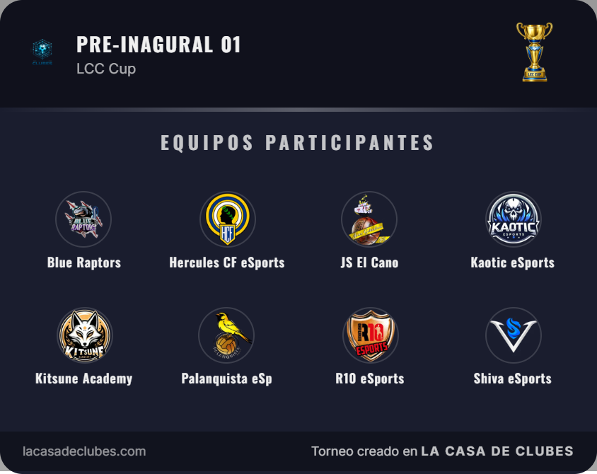 LaCasadeClubes's tweet photo. Torneo Pre-Inagural 01
1 de Marzo 2026

Participantes:
@Blue_Raptors_Fx 
@HerculesCFeS_ 
@JSELCANOO 
@kaoticesports_ 
@KitsuneAcadem 
@Palanquista_eSp 
@Ricar10eSports 
@ShivaeSports_ 

Torneo:
https://t.co/Y1JsD94Qfo https://t.co/JWEzca2PRX