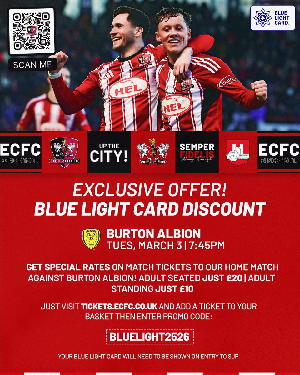 🚨 Tuesday's match is our dedicated Blue Light Card discount match, where those with a Blue Light Card can get a seated ticket for £20 or Big Bank for £10 

Just use code BLUELIGHT2526 at tickets.ecfc.co.uk 🎟️

#ECFC #SemperFidelis