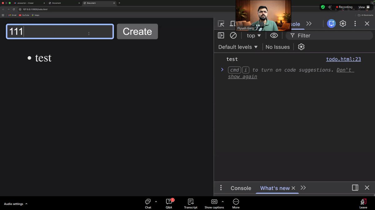 Aditya989746994's tweet image. #Class14 of Web Dev Cohort 26
Today we learned more about Promises, explored Closures in depth, and worked with the DOM.
Also built a To-Do App faster than Blinkit delivery⚡

Learning + Building = Progress 🔥
#JavaScript #chaicode @ChaiCodeHQ #LearningInPublic