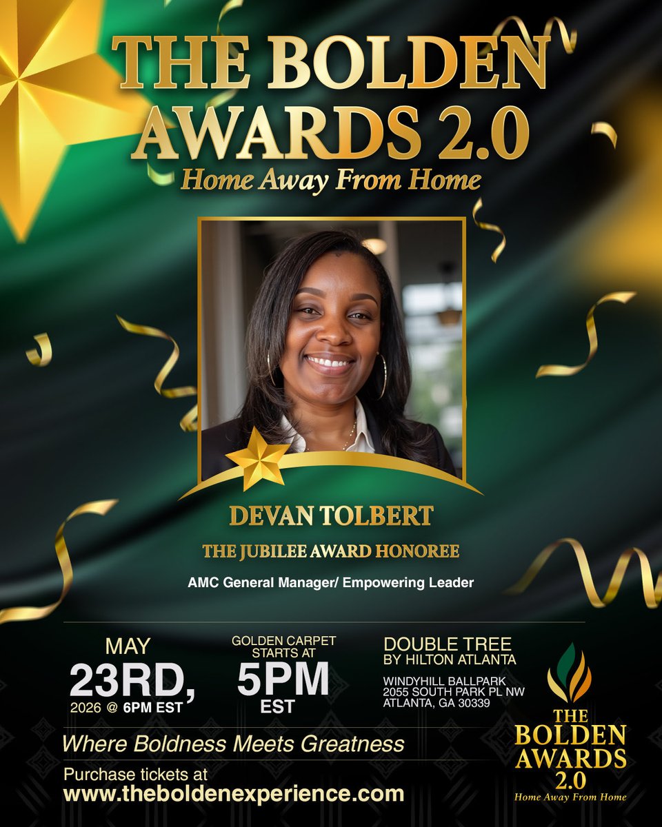 🏆 Our 17th Bolden Honoree (3 to go!)

🌟 Jubilee Award — Devan Tolbert
A bold leader at AMC Theatres for 26 years, 2022 GM of the Year, and barrier-breaker uplifting her team and community.

📅 May 23, 2026
🎟 20% off: BOLDEN
🌐 theboldenexperience.com

#BoldenAwards #BoldLeader