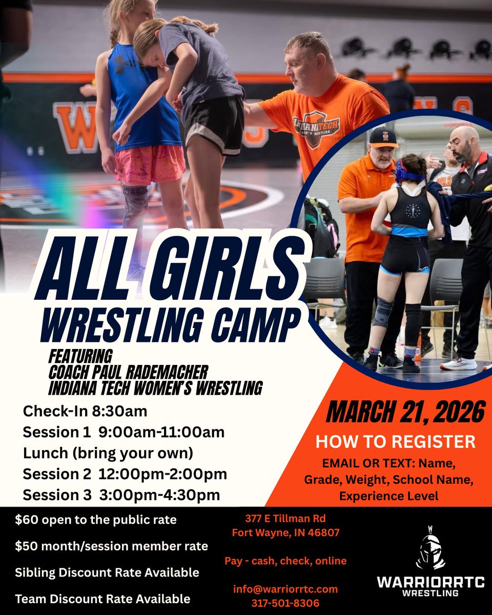 No boys. No pressure. Just wrestling.

All-Girls Camp • March 21

Bring your own lunch.  Bring your work-ethic.  Leave better.

Spots are limited - get registered!  We have sign-ups from athletes representing 7 different states already.