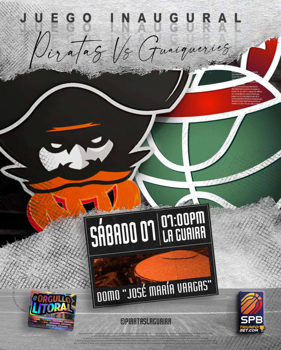 pirataslaguaira's tweet photo. #SPB2026 | ¡JUEGO INAUGURAL! 🏀 Piratas de La Guaira recibe a Guaiqueríes en el Domo "José María Vargas" para encender la @spbvenoficial 🏀🔥

Adquiere tus entradas en @ticketshopve 🎟️ y en las taquillas de Domo.

#PiratasDeLaGuaira #OrgulloLitoral https://t.co/kAbUAd5Lgp