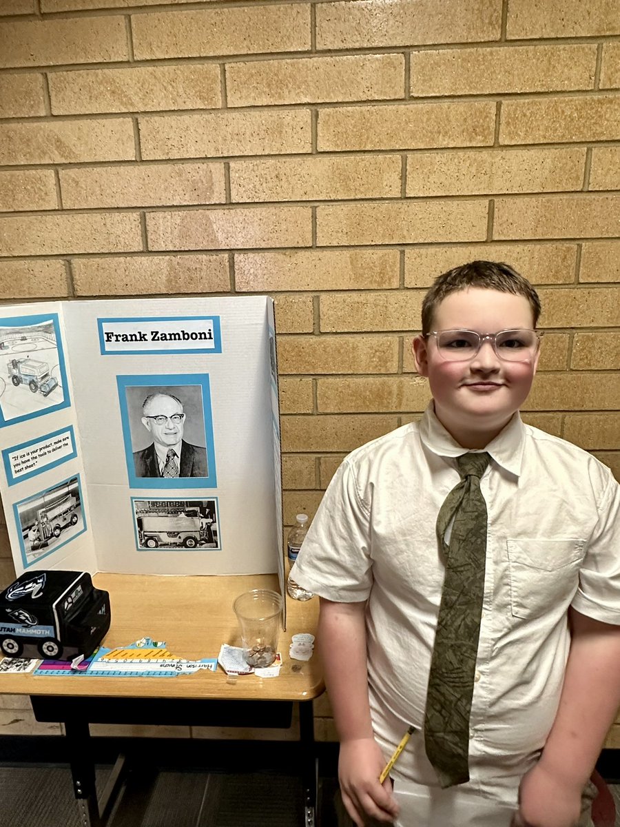 heyashtweeted's tweet photo. my nephew has become such a hockey fan. He did a project on a historical figure and chose Frank Zamboni! If anyone has any connections to get this kid on a Zamboni or a seat in the lower bowl before the season ends we would be so grateful 🩵 @RyanQualtrics @utahmammoth #TusksUp https://t.co/sLZioQTaOc