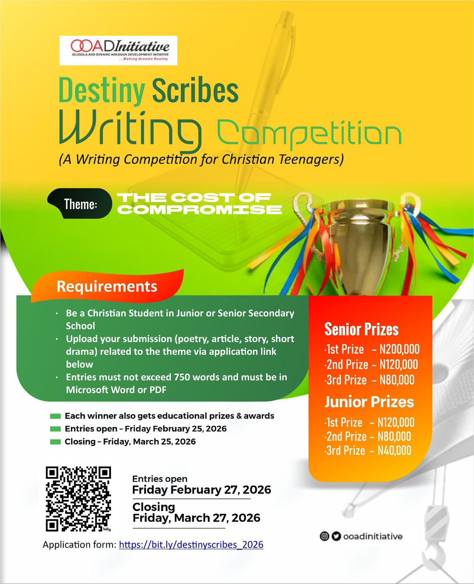 ooadinitiative's tweet photo. Destiny Scribes Writing Competition 2026 is live!🎉🎉🎉

The Olusola &amp; Oyenike Areogun Development Initiative (OOADI) is inviting Christian teenagers under age 18 across the world to participate in the 5th edition of the Destiny Scribes Writing Competition. https://t.co/lb0NHhDRFB