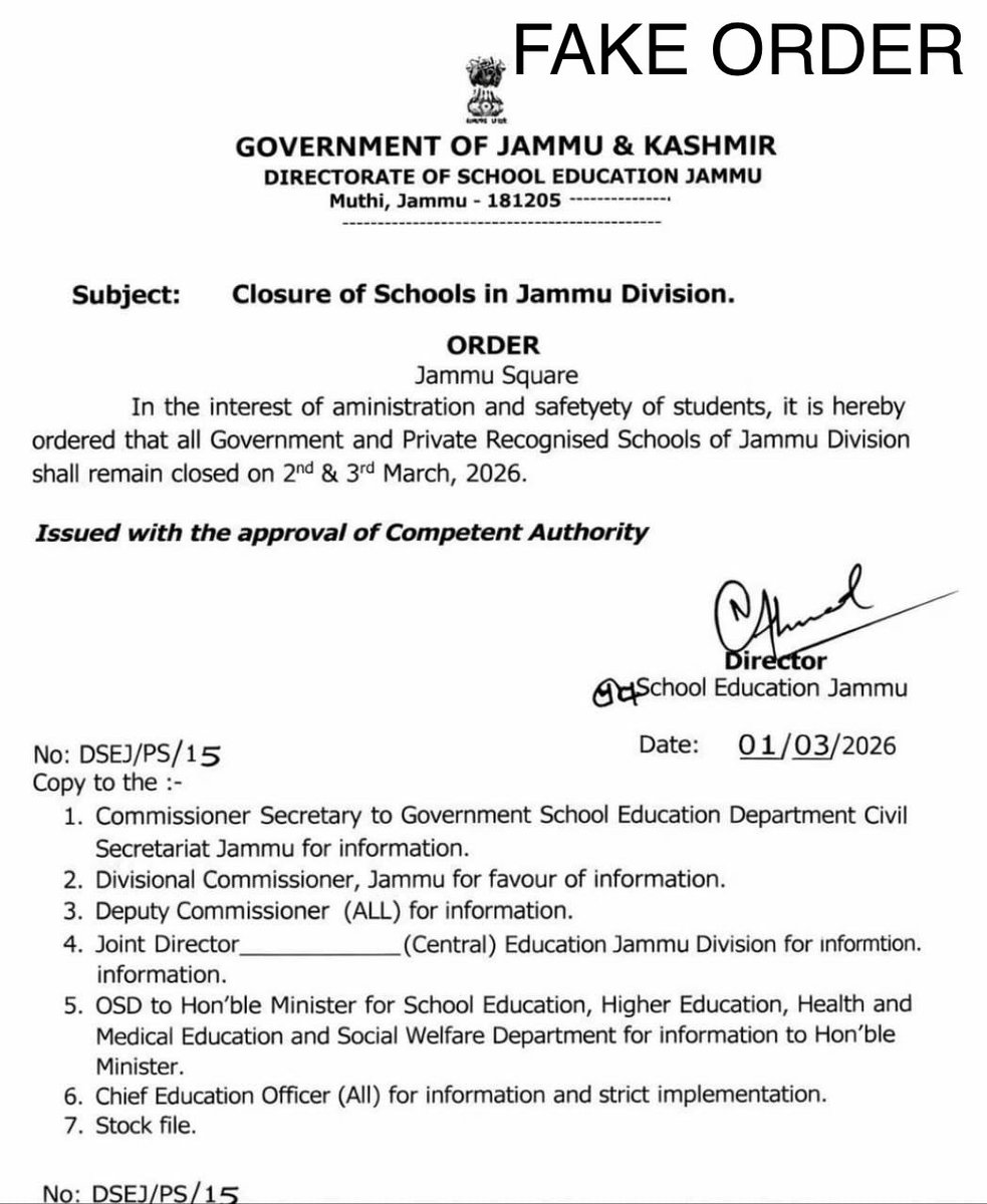 CrossTownNews's tweet photo. Fake order on Closure of Schools in Jammu province being circulated https://t.co/DWbEPjhPMW