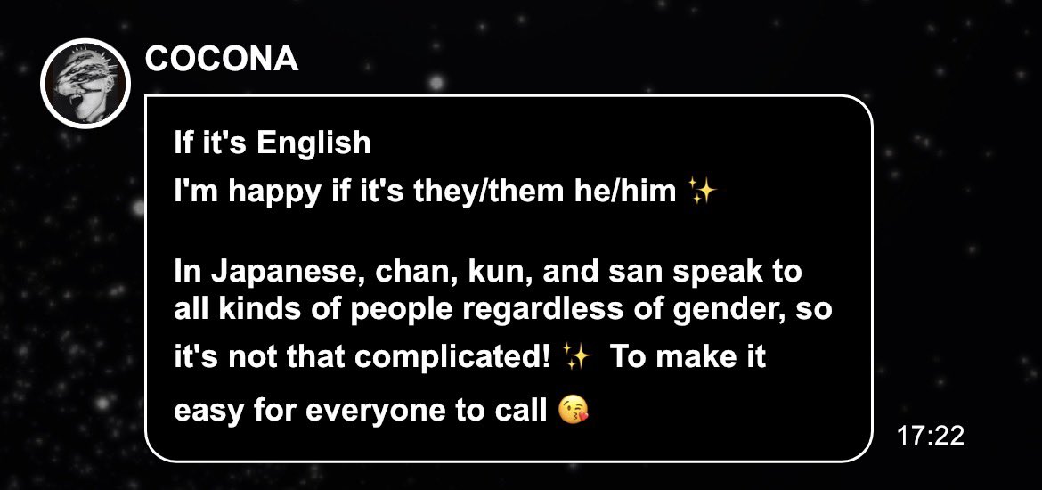 Auralizzie's tweet photo. For anyone who’s stanning Cocona now, he uses both pronouns, he/they. They said this directly to fans on the Alphaz app on the day of his coming out. 💕 https://t.co/o7KUtdKfpC