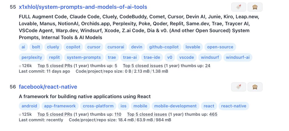 BREAKING: #X1XHLOL system-prompts-and-models-of-ai-tools from <a href="/NotLucknite/">Lucas Valbuena</a> has surpassed react-native, making it the 55th most starred repo of all time on <a href="/github/">GitHub</a>, now over 127K stars 🤯