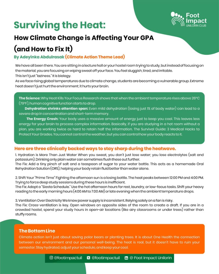 FootImpactUil's tweet photo. Discover the intriguing science behind Climate change and how it affects your academics.
Check out this amazing piece: SURVIVING THE HEAT🔥

Read, comment and share🍃
Join our community today :https://t.co/JFUloYJP6S
Follow us for more
X - @FootImpactUil
IG - FootImpactUil https://t.co/HbAC4XD0IX