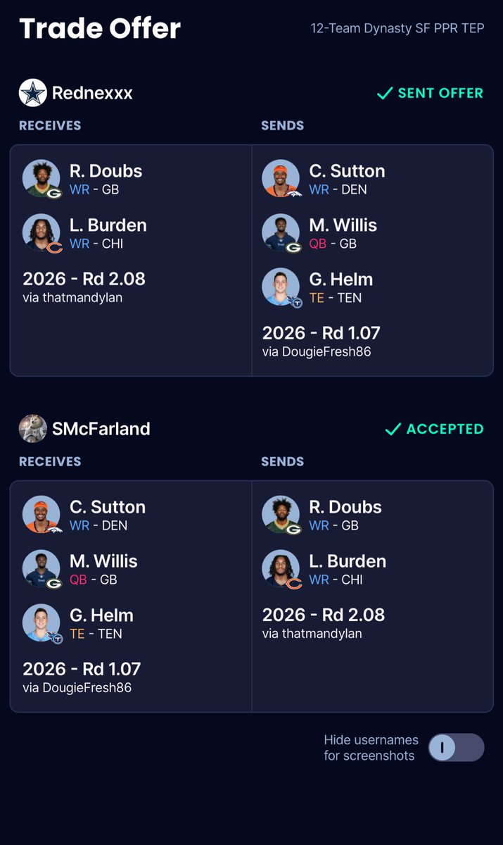 jfortner88's tweet photo. Made all 4 of these trades the last 48 hours in the same league. Rate them best to worst #fantasyfootball @FFDynastyDog @DynatyzeFB @DynastyFFWolf @DADynasty_ https://t.co/mMC3DYnt5A